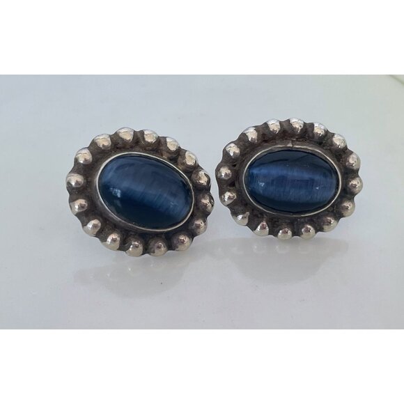 Vintage Mexican Sterling Silver Blue Cat Eye Earrings - Picture 10 of 10